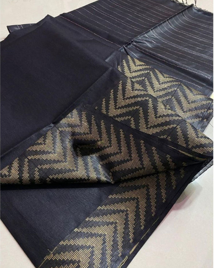 Chanderi Silk Black Saree with Running Blouse-Indiehaat