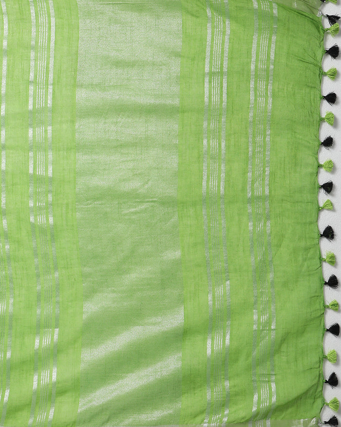 Handwoven Pure Linen Green Saree with Blouse-Indiehaat