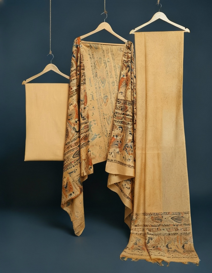 Graceful Katan Silk Madhubani Beige Suit (T+B+D)