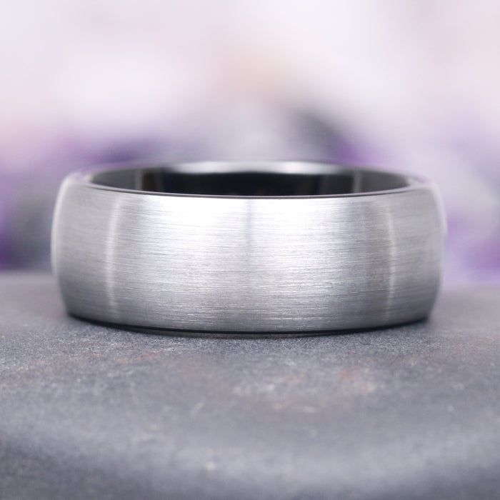 Gray Moissanite Crescent Moon Couples Ring Set by Aquamarise features a sleek two-tone tungsten band with a brushed matte finish, embodying durable, modern elegance in Matching Couples' Rings and Best Selling Jewelry collections.