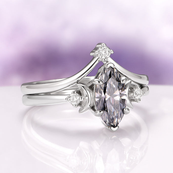 Gray Moissanite Crescent Moon Couples Ring Set showcasing a marquise-cut gray moissanite center stone flanked by crescent moon shapes and small diamonds on polished silver bands, by Aquamarise from Matching Couples' Rings and Best Selling Jewelry collections.