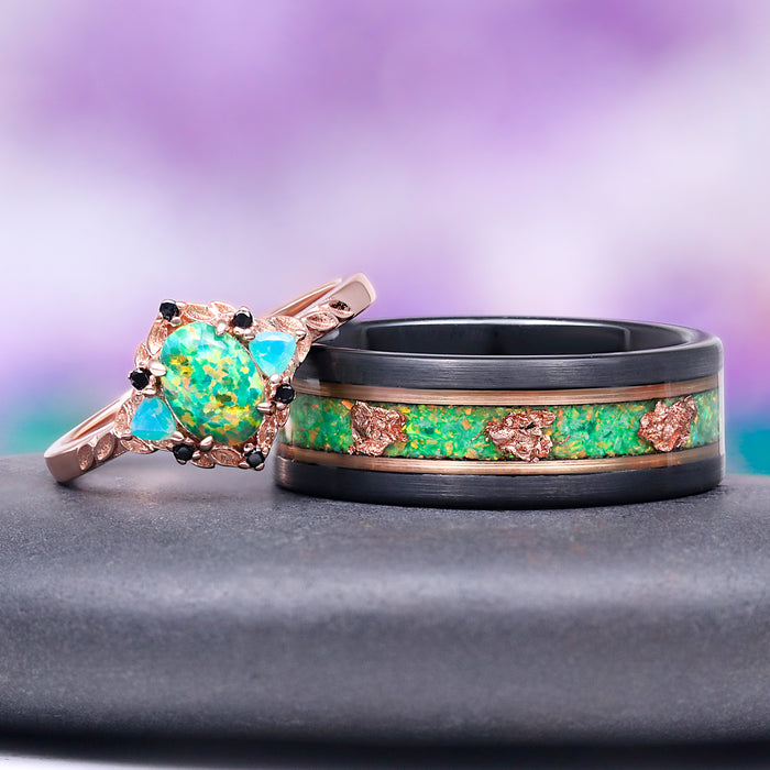 Green Fire Opal Leaf Engagement Ring in 14K Rose Gold Vermeil by Aquamarise, featuring vibrant green fire opal and opalescent sapphires next to a matching black band with copper leaf accents.