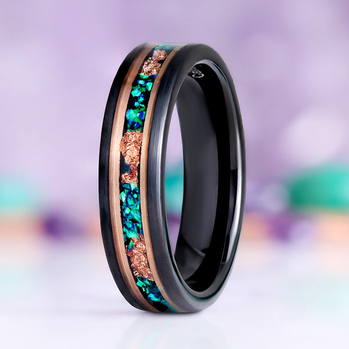 Green Fire Opal Men's Wedding Band in Rose Gold and Black Tungsten by Aquamarise