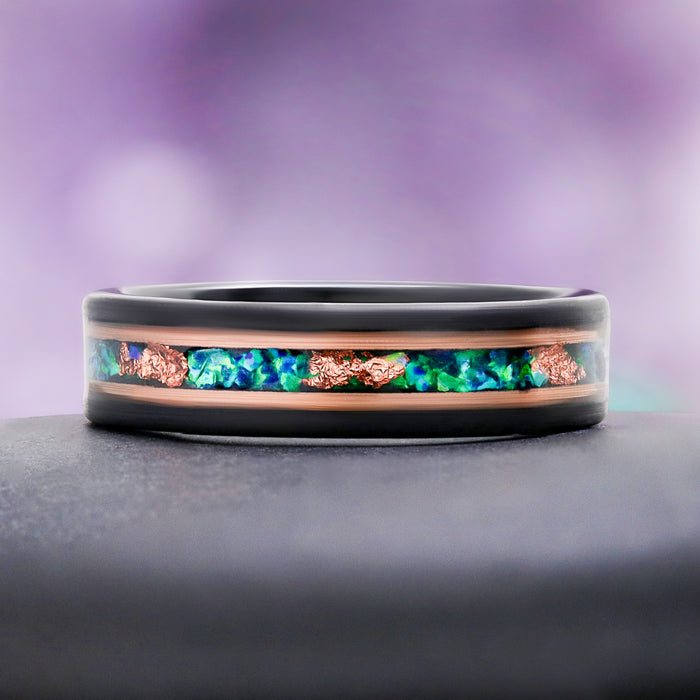 Green Fire Opal Men's Wedding Band in Rose Gold and Black Tungsten by Aquamarise, close-up of the opal inlay