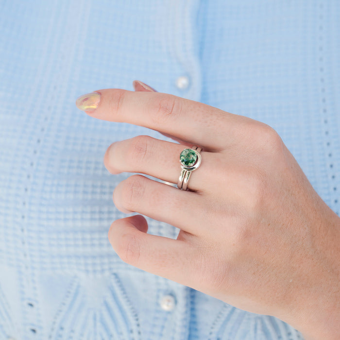 Green Moss Agate & Crescent Moon Couples Ring Set by Aquamarise, featuring a polished silver band with a round green moss agate stone, part of Matching Couples' Rings and Moss Agate Jewelry collections.