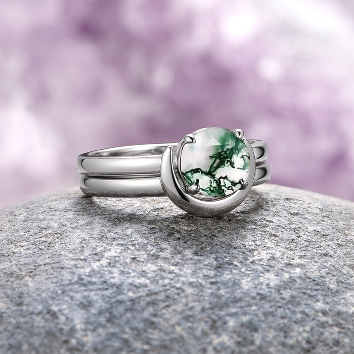 Green Moss Agate & Crescent Moon Couples Ring Set by Aquamarise, featuring a polished silver band with a round green moss agate stone and crescent moon detail, part of Matching Couples' Rings and Moss Agate Jewelry collections.