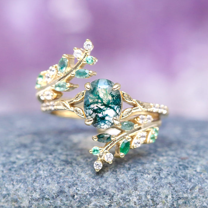 Green Moss Agate & Emerald Leaf Engagement Ring Set in 14K Solid Yellow Gold by Aquamarise Gold, featuring a natural moss agate center with intricate emerald and diamond accents in a delicate leaf-inspired design, part of Solid Gold Engagement Rings and May Birthstone Jewelry collections.