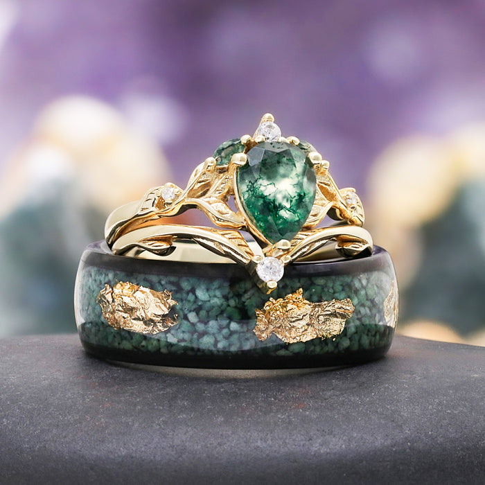 Green moss agate gold leaf couples ring set lifestyle photo