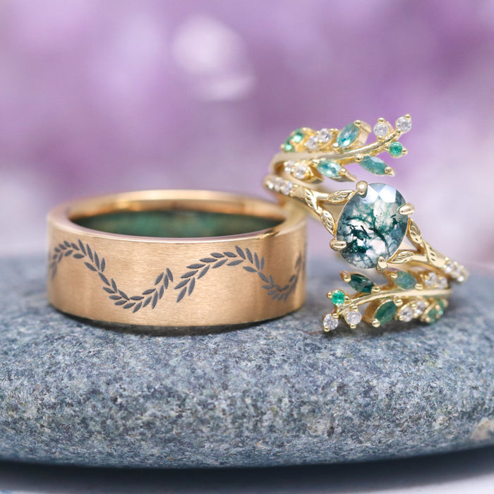 Moss Agate & Emerald Leaf Couples Ring Set by Aquamarise, featuring a nature-inspired design with a moss agate center stone and emerald accents on a gold band, part of Matching Couples' Rings and Moss Agate Jewelry collections.