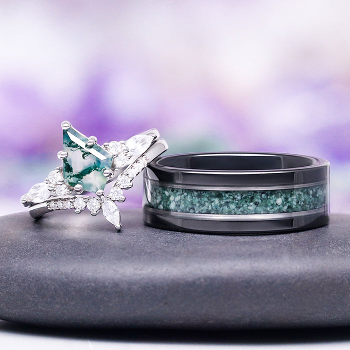Skye Kite® Green Moss Agate Engagement Ring Set in 14K White Gold featuring a kite-cut moss agate and matching band with green stone inlay, crafted by Aquamarise Gold.