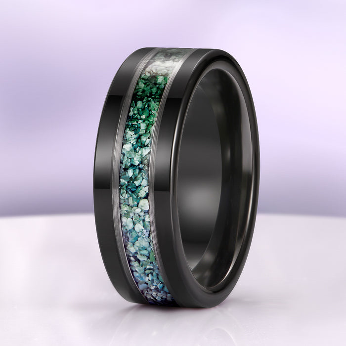 Green Moss Agate Wedding Band in Two Tone Black Tungsten Carbide (8mm) by Aquamarise, featuring crushed moss agate inlay and a sleek black tungsten finish for durable men's jewelry.