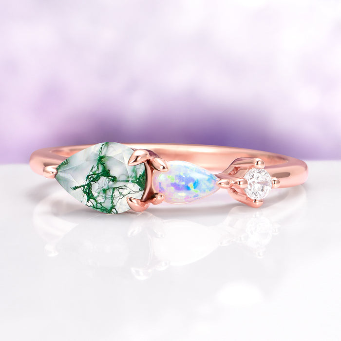 Green Moss Agate & Natural Australian Opal Ring in 14K Rose Gold Vermeil by Aquamarise featuring a pear-shaped moss agate, iridescent Australian opal, and sparkling accent on a delicate rose gold band.