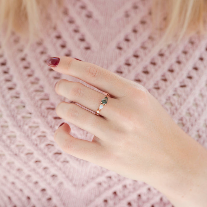Green Moss Agate & Natural Australian Opal Ring in 14K Rose Gold Vermeil by Aquamarise, featuring a delicate rose gold band with pear-shaped moss agate and oval Australian opal stones.
