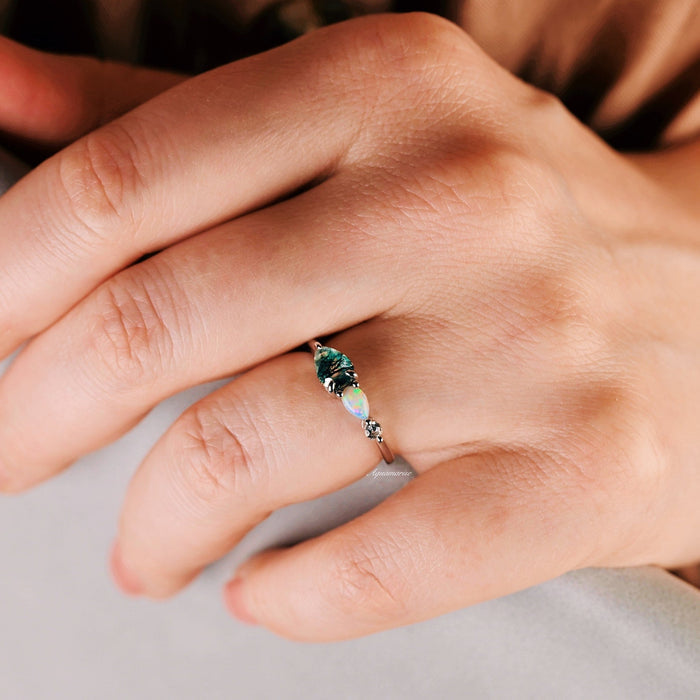 Green Moss Agate & Natural Australian Opal Ring in 14K Rose Gold Vermeil by Aquamarise, featuring a slender rose gold band with pear-shaped moss agate and opal worn on hand.