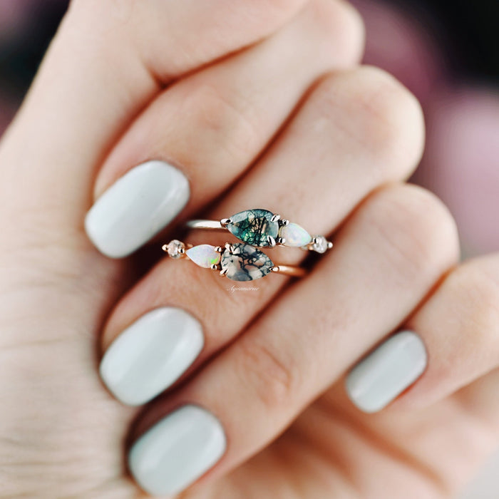 Green Moss Agate & Natural Australian Opal Ring in 14K Rose Gold Vermeil by Aquamarise, featuring paired pear-shaped moss agate and opal stones with delicate rose gold bands on hand.