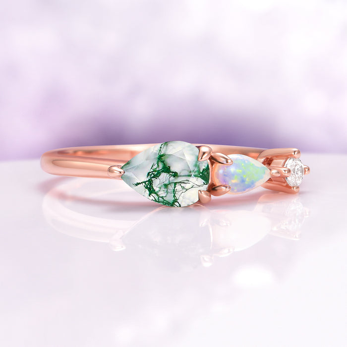 Green Moss Agate & Natural Australian Opal Ring in 14K Rose Gold Vermeil by Aquamarise, featuring a pear-shaped moss agate, opal, and small diamond accent on a slender rose gold band.