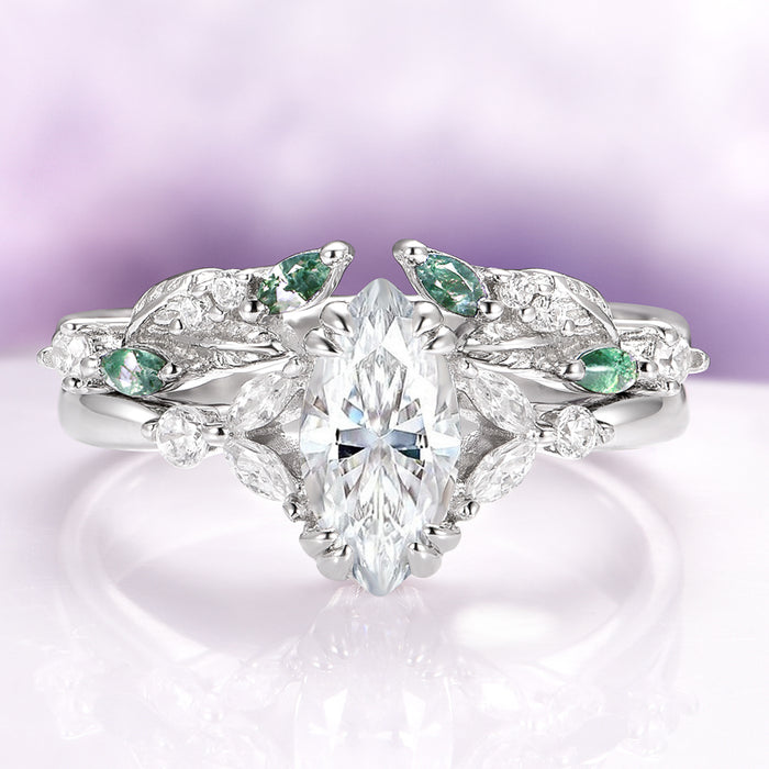 Marquise Cut Lab-Grown Diamond & Moss Agate Engagement Ring Set in 14K White Gold (IGI Certified) by Aquamarise Gold, featuring a marquise-cut lab-grown diamond center with delicate moss agate and white diamond leaf accents, blending nature-inspired elegance and fantasy charm from the Solid Gold Engagement Rings and Nature-Inspired Engagement Rings collections.