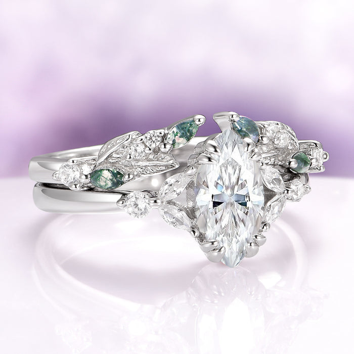 Marquise Cut Lab-Grown Diamond & Moss Agate Engagement Ring Set in 14K White Gold (IGI Certified) by Aquamarise Gold, featuring a marquise-cut diamond center with moss agate leaf accents, part of nature-inspired and fantasy engagement collections.