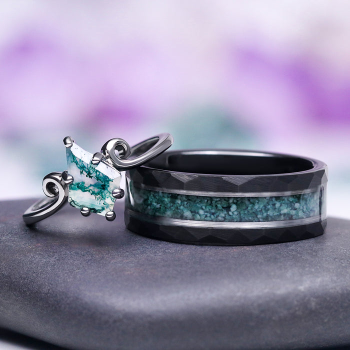 Kite Green Moss Agate Twirl Couples Ring Set His and hers