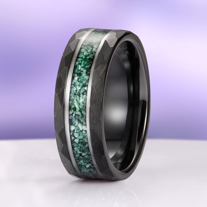 Green Moss Agate Twirl Couples Ring Set featuring a hammered black finish band with an inlay of vibrant green moss agate stone, crafted by Aquamarise from Matching Couples' Rings and Moss Agate Jewelry collections.