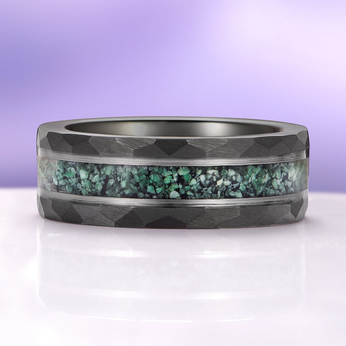 Green Moss Agate Twirl Couples Ring Set featuring a black hammered finish band with a vibrant green moss agate inlay, crafted by Aquamarise for Matching Couples' Rings, Moss Agate Jewelry, and nature-inspired collections.
