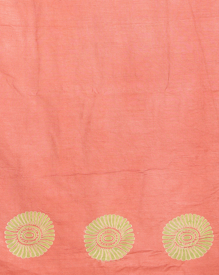 Ombre katan silk unstitched suit set shading from green and turquoise to peach and yellow, with hand block printed leaf vines and a tasselled dupatta