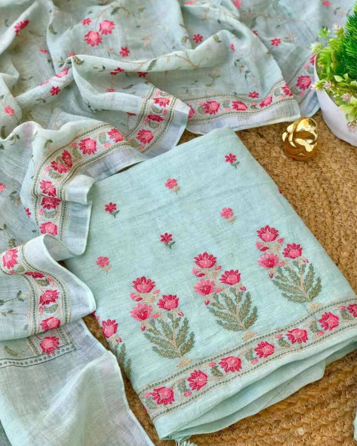 Indiehaat | Pure Linen Embroidery Suit Blue