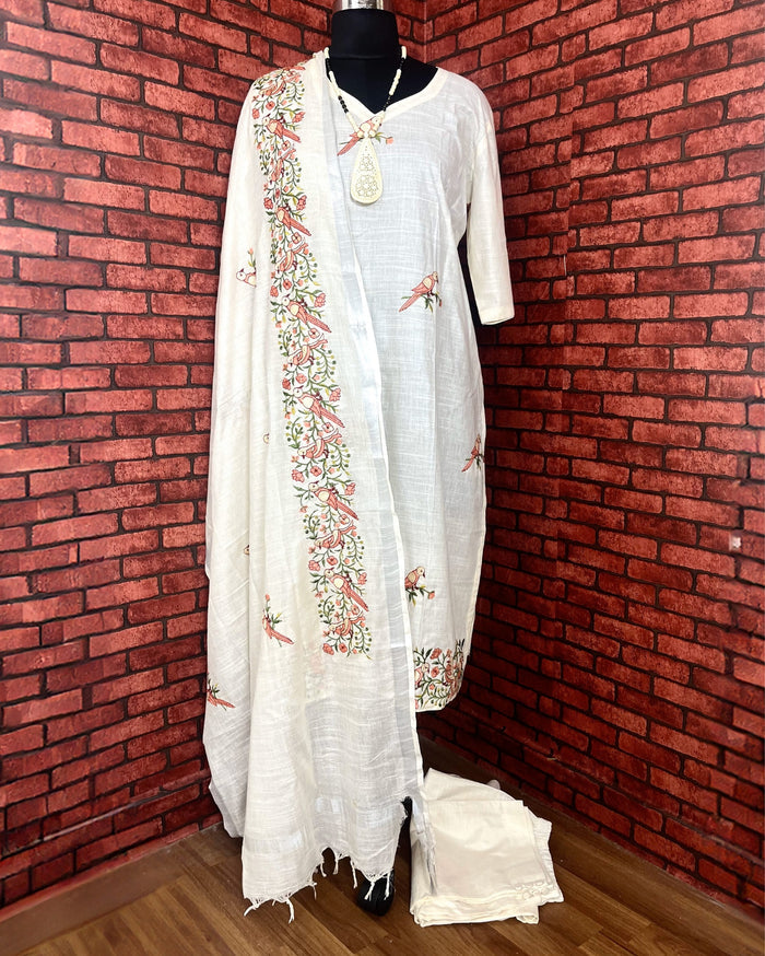 Indiehaat | Pure Linen Embroidered Off White Stitched Suit