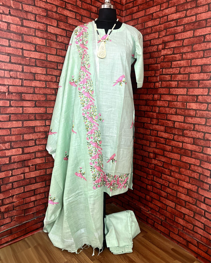 Indiehaat | Pure Linen Embroidered Green Stitched Suit