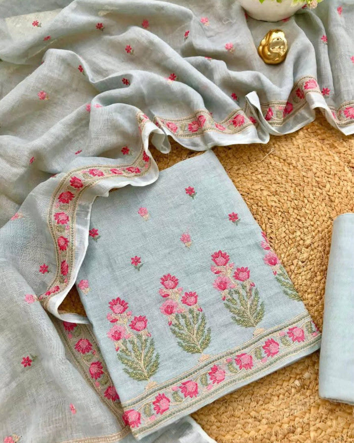 Indiehaat | Pure Linen Embroidery Suit Gray
