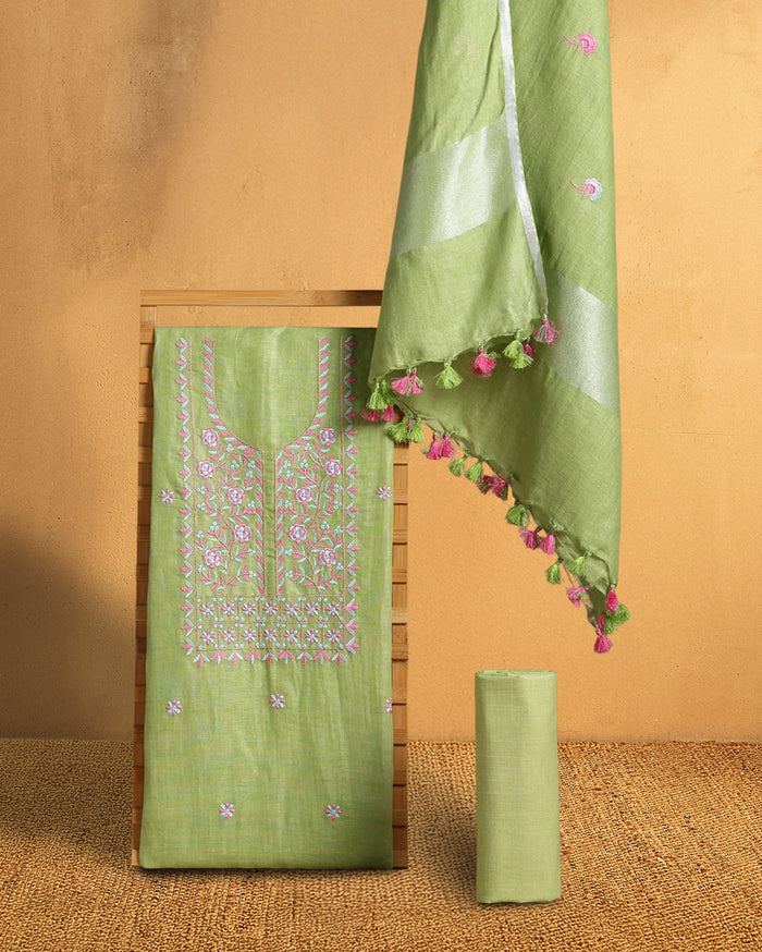 Gulmohar Pure Linen Embroidered Green Suit (T+B+D) Piece