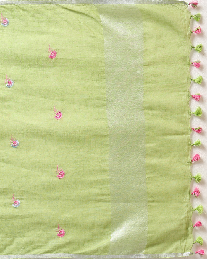 Indiehaat | Pure Linen Embroidered Suit Piece Olive Green Color (Top+Dupatta) With Linen Bottom