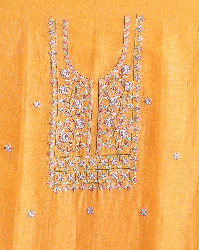 Indiehaat | Pure Linen Embroidered Suit Piece Mustard Yellow Color (Top+Dupatta) With Linen Bottom