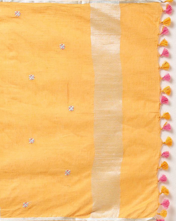 Indiehaat | Pure Linen Embroidered Suit Piece Mustard Yellow Color (Top+Dupatta) With Linen Bottom