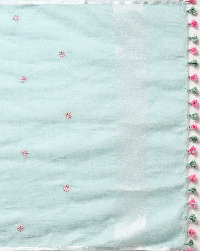 Indiehaat | Pure Linen Embroidered Suit Piece Pastel Green Color (Top+Dupatta) With Linen Bottom