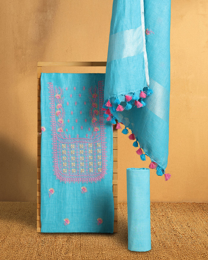 Gulmohar Pure Linen Embroidered Sky Blue Suit (T+B+D) Piece