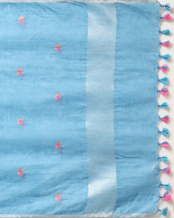 Indiehaat | Pure Linen Embroidered Suit Piece Blue
