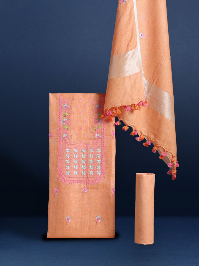 Gulmohar Pure Linen Embroidered Sweet Peach Suit (T+B+D) Piece