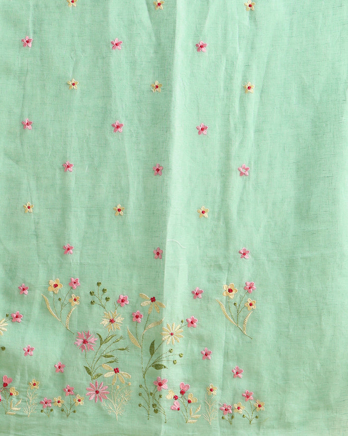 Gulmohar Pure Linen Green Embroidered Suit Piece