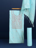 Gulmohar Slub Linen Aqua Blue Unstitched Suit (T+B+D)