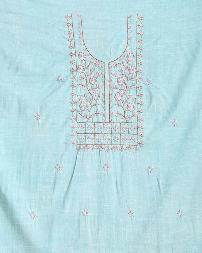 Gulmohar Slub Linen Aqua Blue Unstitched Suit (T+B+D)