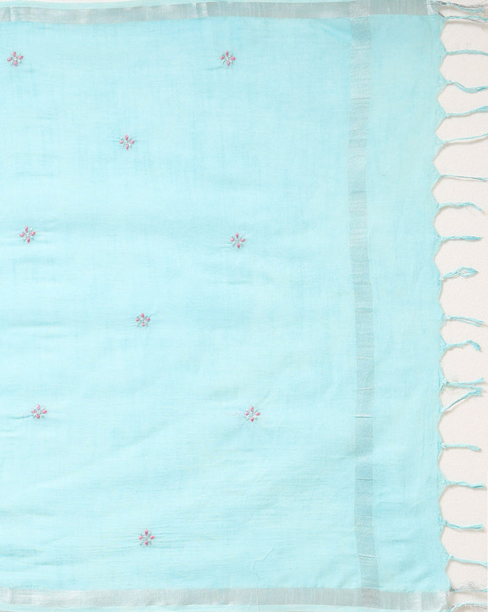 Gulmohar Slub Linen Aqua Blue Unstitched Suit (T+B+D)