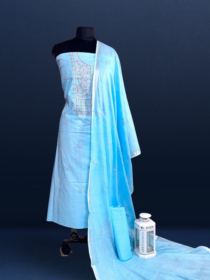 Gulmohar Slub Linen Aqua Blue Unstitched Suit (T+B+D)