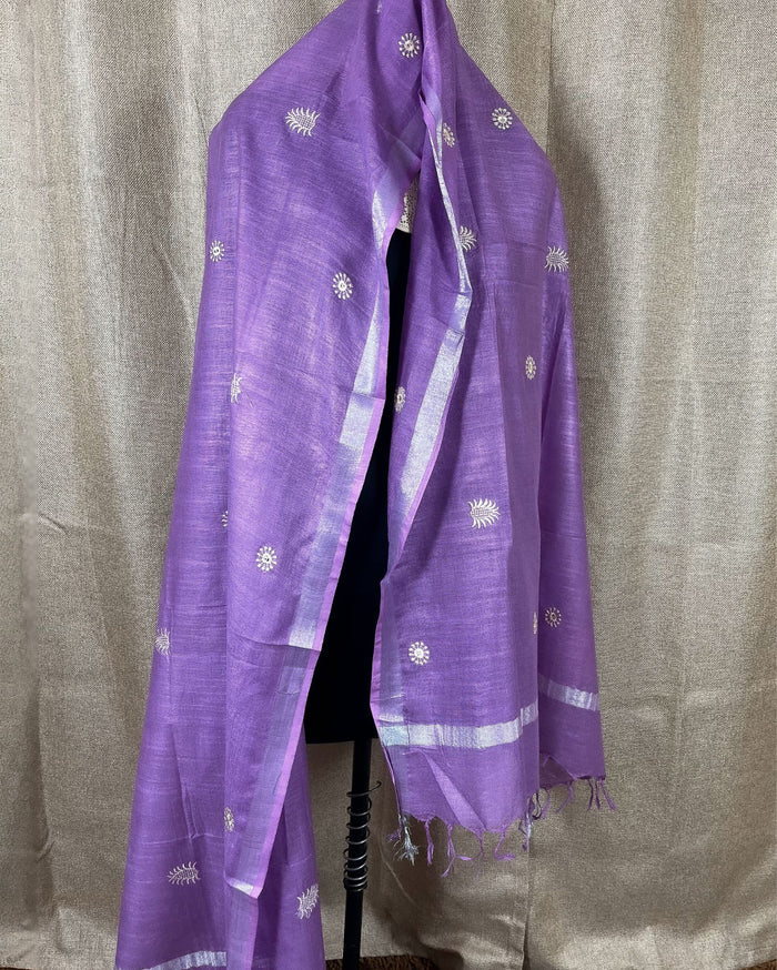 Indiehaat | Gulmohar Slub Linen Lavender Unstiched Embroidered Suit