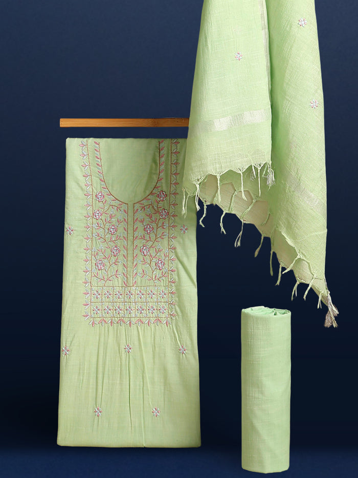 Gulmohar Slub Linen Pista Green Unstitched Suit (T+B+D)