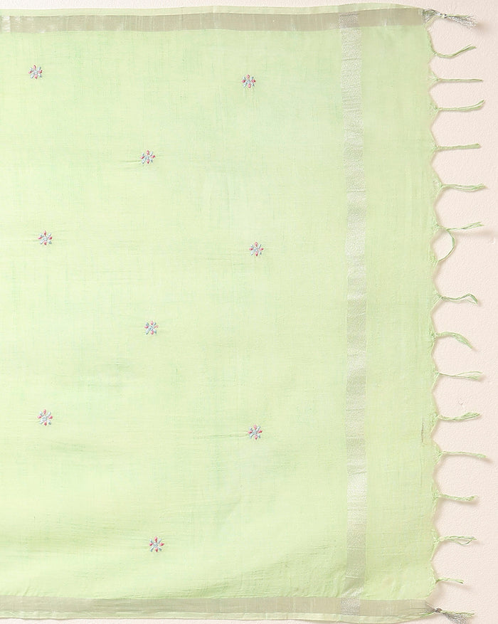 Gulmohar Slub Linen Pista Green Unstitched Suit (T+B+D)