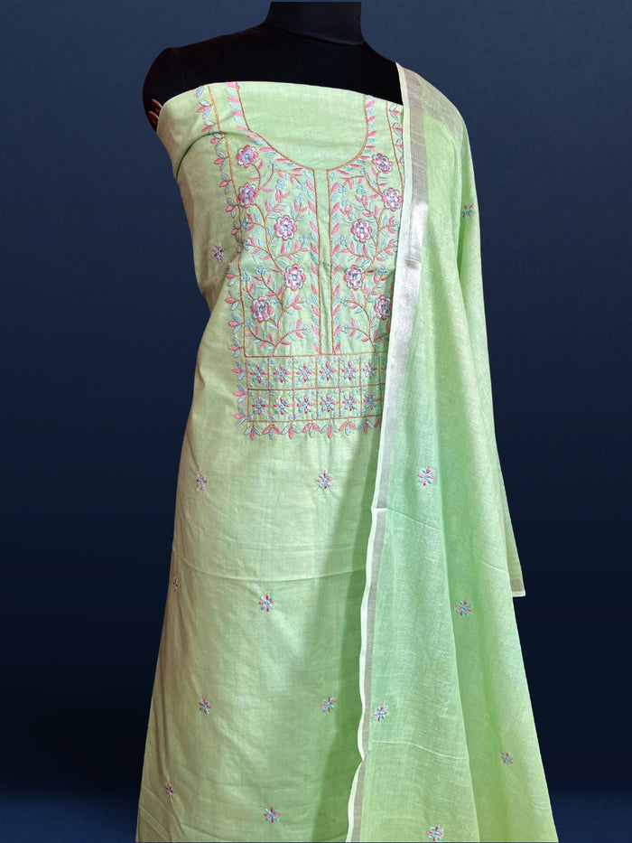Gulmohar Slub Linen Pista Green Unstitched Suit (T+B+D)