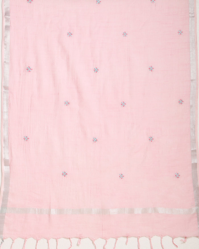 Gulmohar Slub Linen Rose Pink Unstitched Suit (T+B+D)
