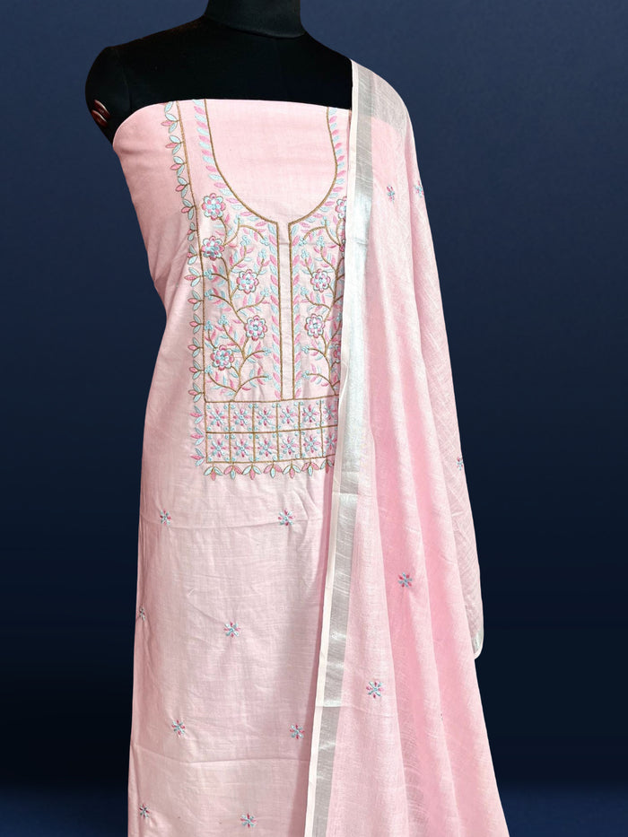 Gulmohar Slub Linen Rose Pink Unstitched Suit (T+B+D)