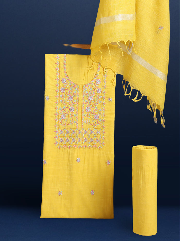 Gulmohar Slub Linen Vivid Yellow Unstitched Suit (T+B+D)